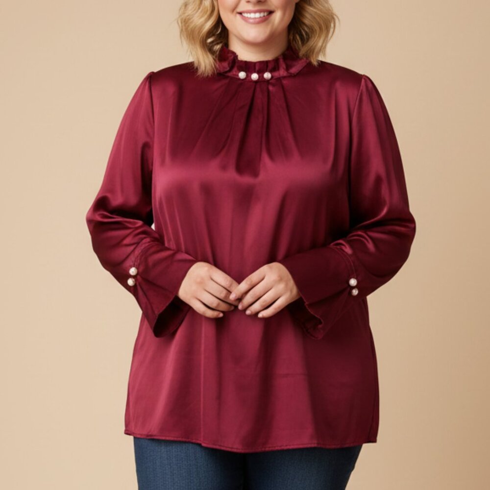 Mock Neck Long Sleeve Blouse Pearls Large